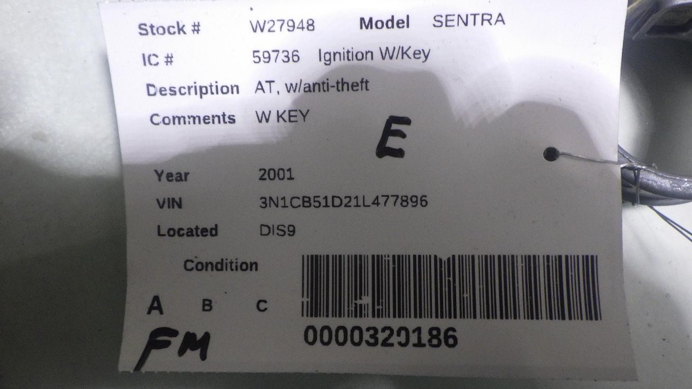 01 NISSAN SENTRA Ignition W/Key