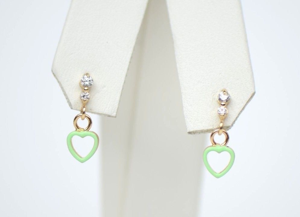 14K Solid Yellow Gold Heart Shape Dangle Earring with Enamel