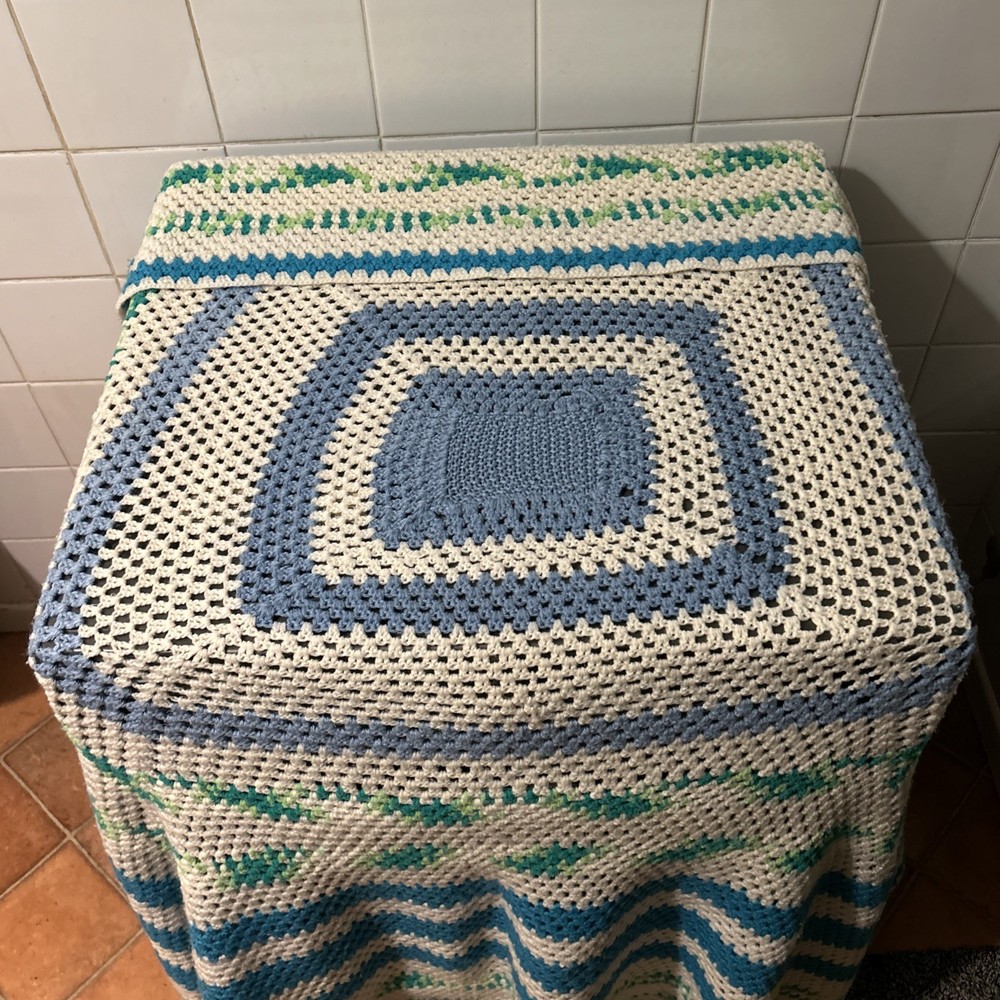 Wool Crochet Blanket Throw Handmade Blue White Green Pattern 150cm X 160cm