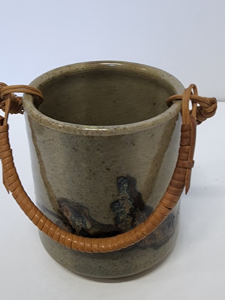Pottery Pot Vase Knick Knack With Handle Tan Blue Signed Container Decore
