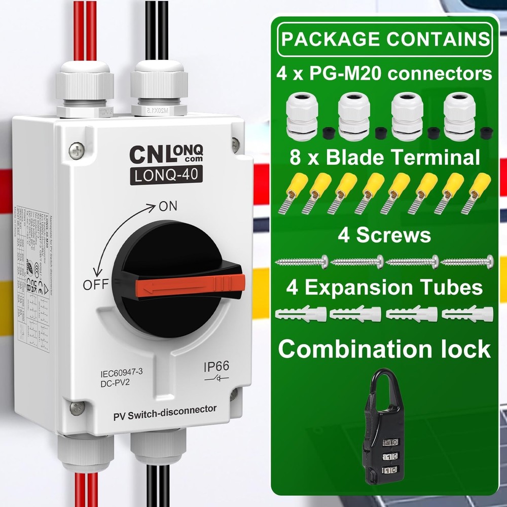 CNLONQ Solar PV Disconnect Switch 32A DC1500V Rapid Shutoff Isolator Switch 4...