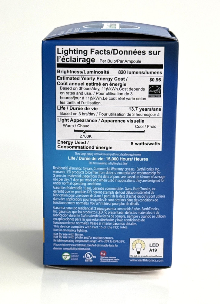 EarthBulb LED A19 60W 8W Energy Star 820 Lumens Soft White 2700k Dimmable