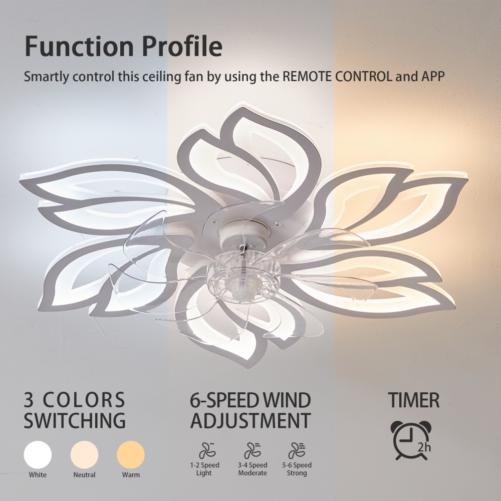 25.5\" Modern White Ceiling Fan with Light & Remote, 6-Speed, App Control