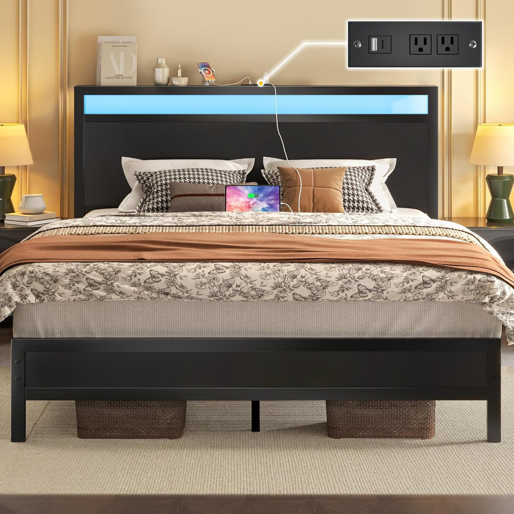 Queen Bed Frame with Headboard & Footboard, Bed Frame with Built-In Charging Sta