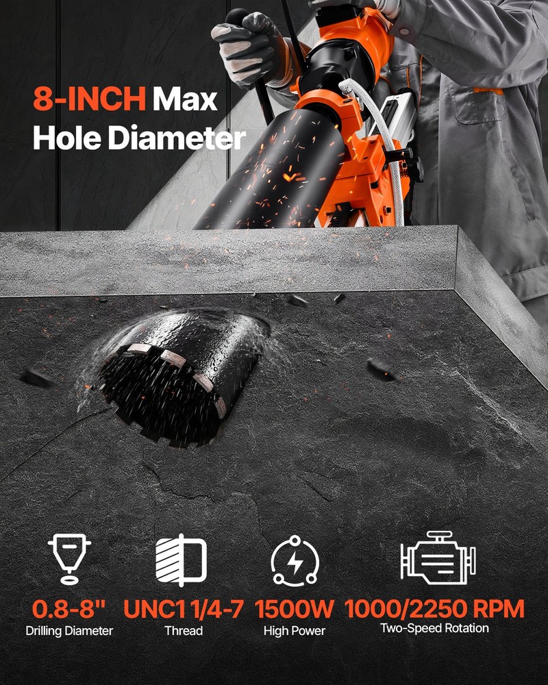 VEVOR Diamond Core Drill Machine Handheld and Stand Concrete Core Drill Rig 8 in