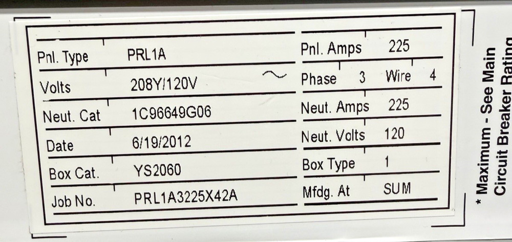 Eaton 225 Amp 208V MLO Panelboard 3PH 4W YS2060 🟦