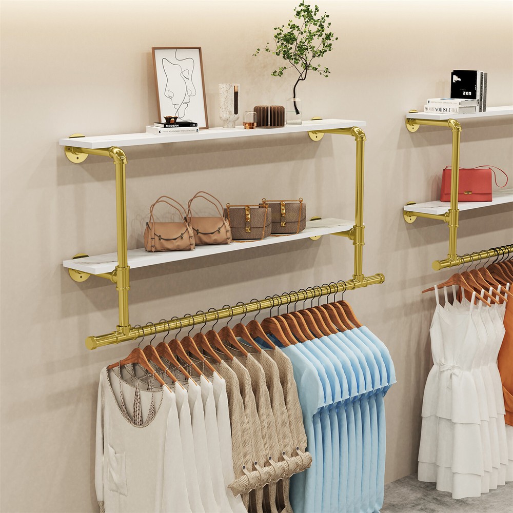 Saving Space Clothes Display Rack Wall-mounted with Hanging Rod for Laundry Room
