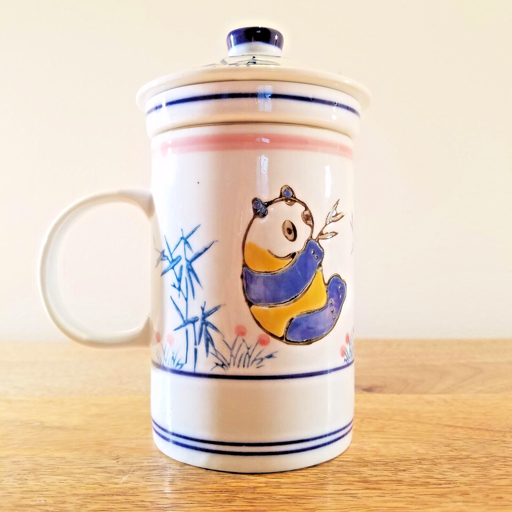 Blue Moon Panda Bear Lidded Tea Infuser Mug Cup Lid Ceramic Teacup Pot Maker