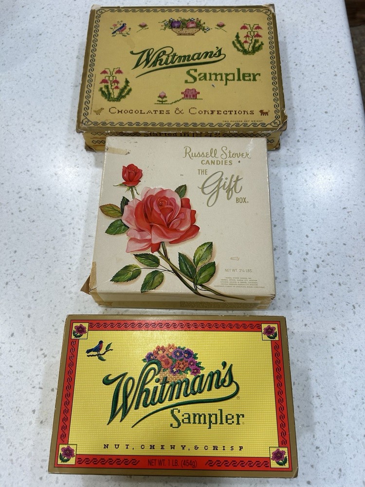 Two Vintage Whitman`sampler And One Russell Stover Candy  Box EMPTY Boxes