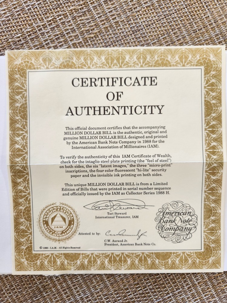 GENUINE AUTHENTIC 1,000,000 BILL WITH CERTIFICATE OF AUTHENTICITY