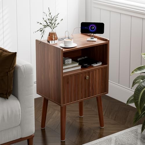 Side Table with Charging Station, Modern End Table with Fluted Drawer, Brown