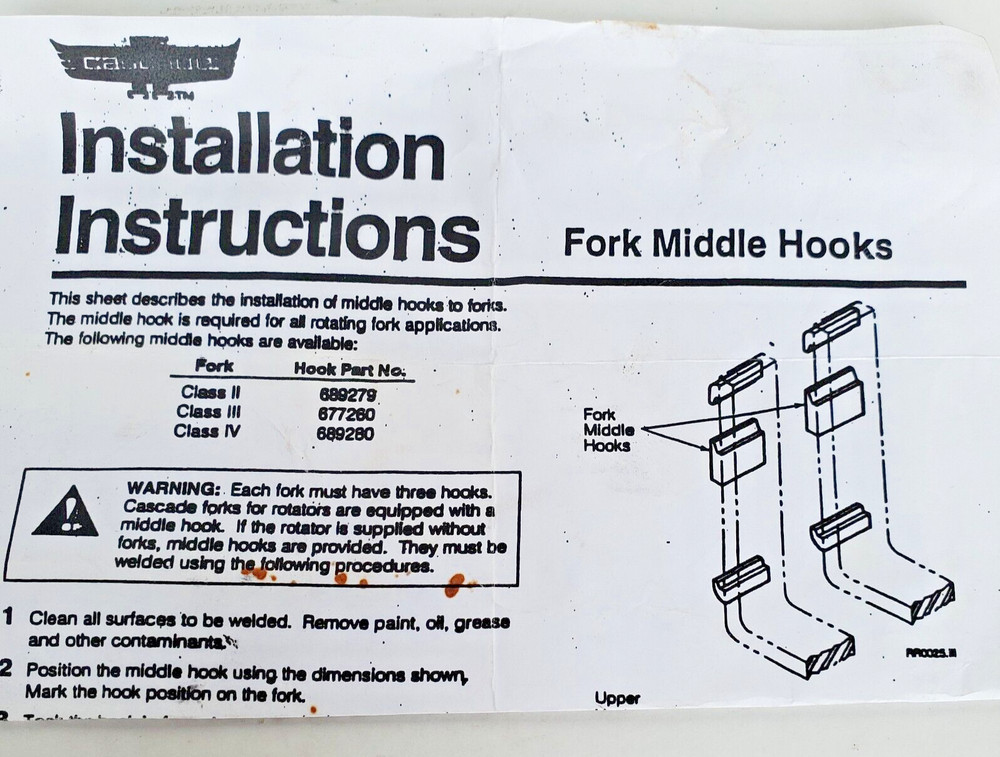 CASCADE 689280, C-689280 FORK MIDDLE HOOK NEW OEM