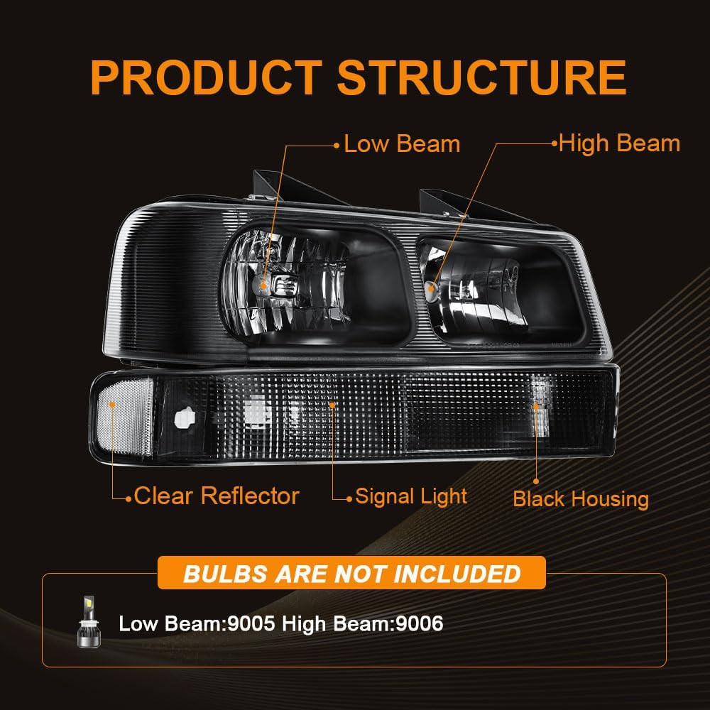 4Pcs Headlight Assembly, Headlights Kit Compatible with 2003-2014 Chevy Express