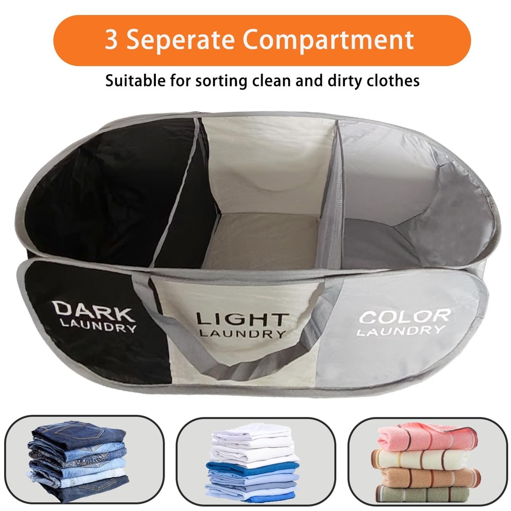 3 Compartment Foldable Pop Up Laundry Hamper Collapsible Sorting Basket