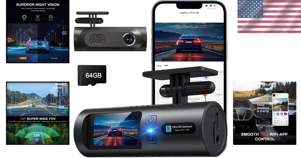Wireless 2.5K Dash Cam with App Control & Night Vision Technology