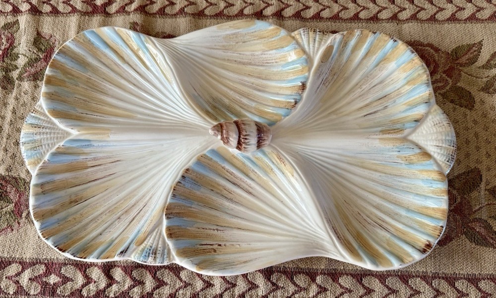 Seaside Gourmet Ceramic Scalloped Divided Shell Serving Platter Nautical