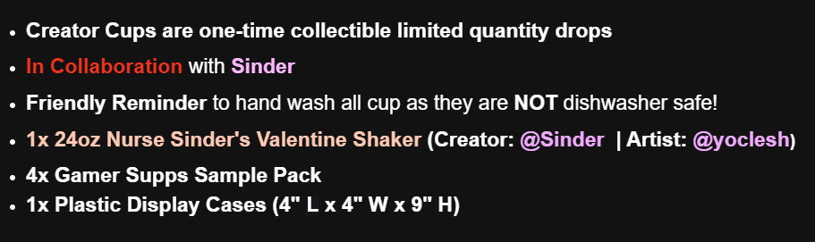 Gamersupps Creator Cups x Sinder's Valentine W/ Free Samples & 1x Display Case