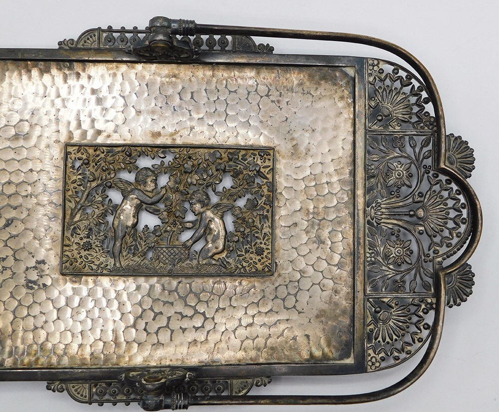 Vintage Large Silver Plated Rectangular Handled Tray w Ornate Cherub Tree Floral