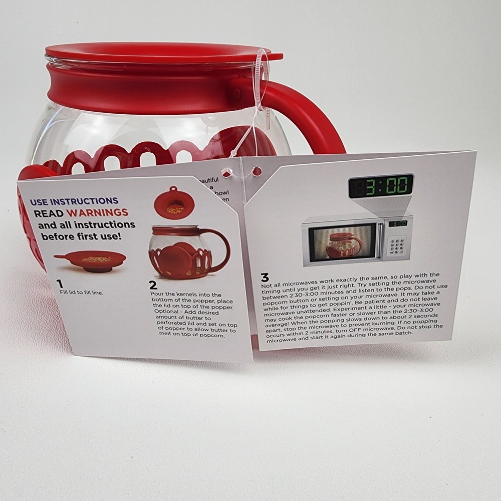 Ecolution Micro-Pop Microwave Popcorn Popper Glass 1.5 Qt Red New