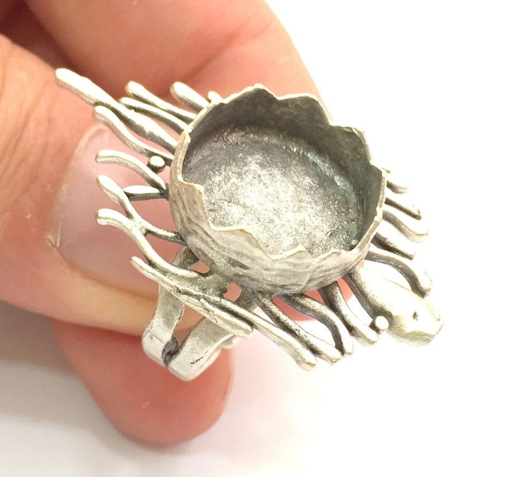 Round Blank Ring Bezel Setting Adjustable Base Antique Silver Plated Brass