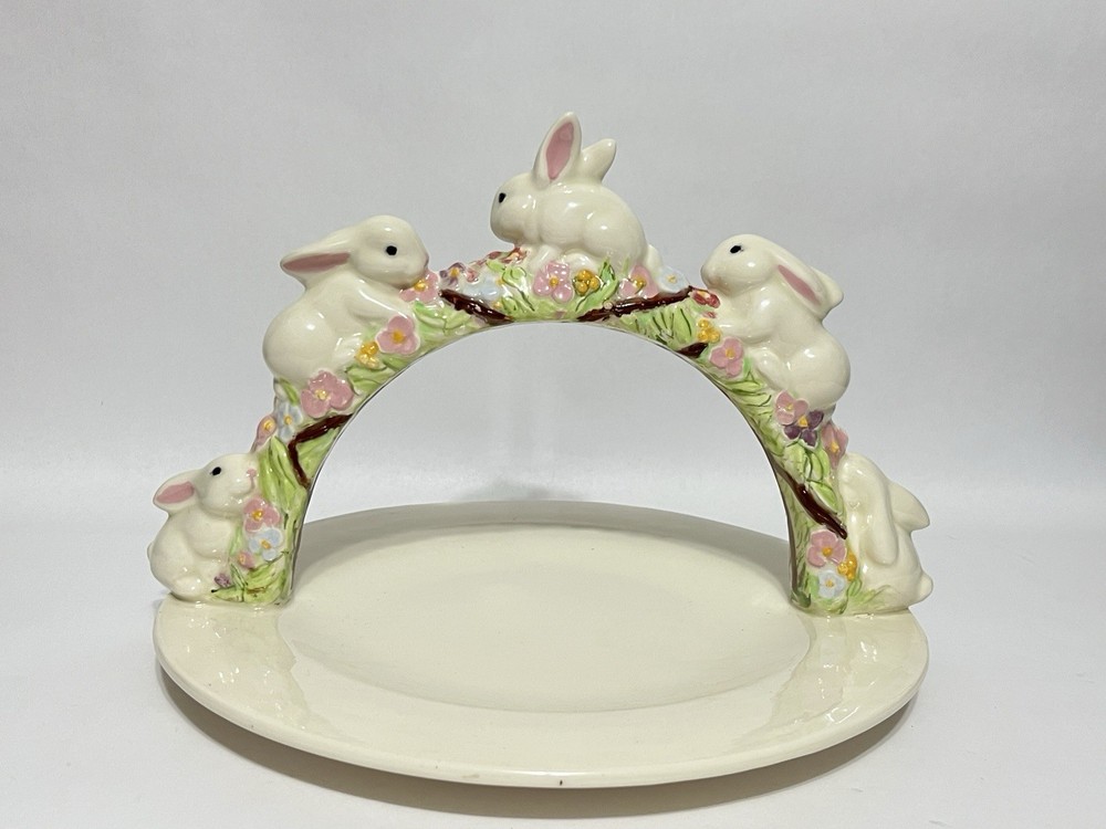 Vintage Ceramic Easter Bunny Arch Candy or Cookie Plate Dish