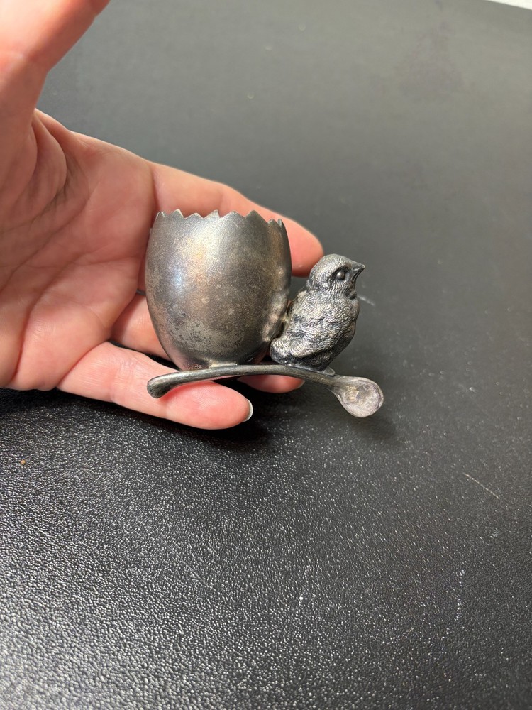 Antique Silver Plate Egg Cup With Bird & Wishbone