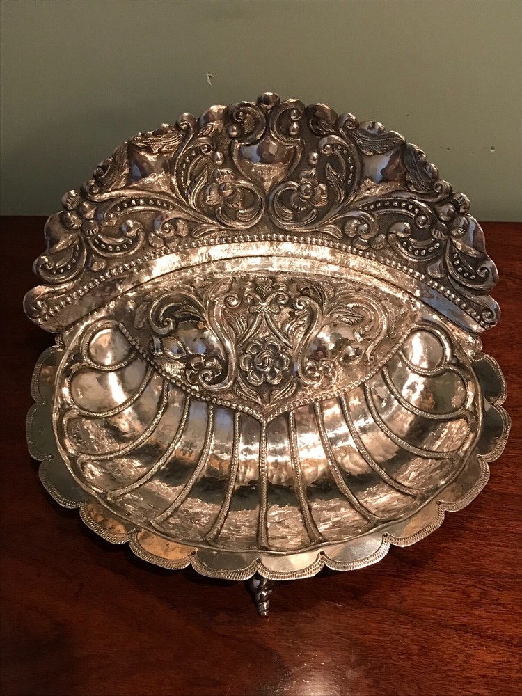 Antique Spanish Colonial Silver Baptismal Font Shell Dish