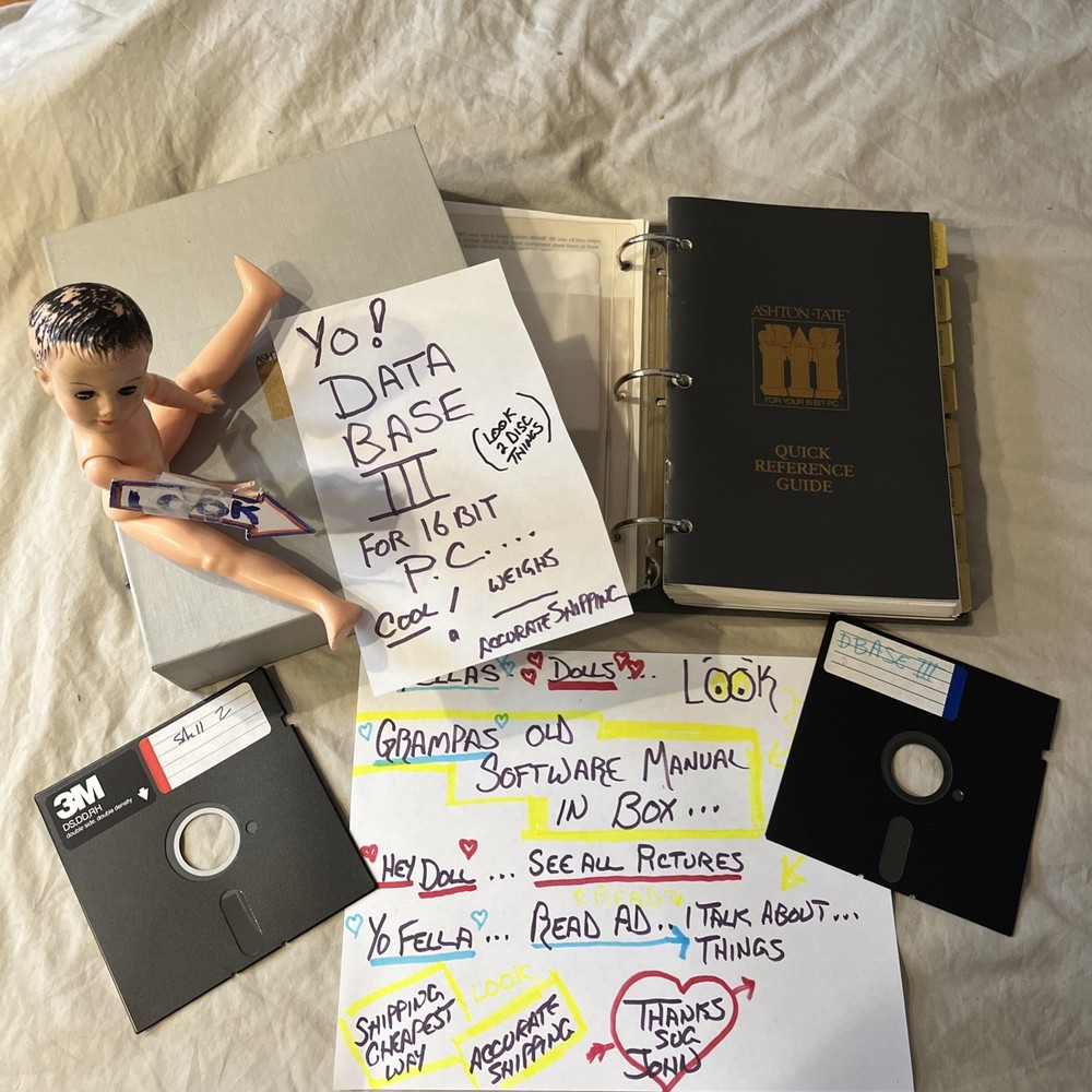 Vintage Computer Software Manual Book Database Three For 16 Bit Pc 1984 + Discs