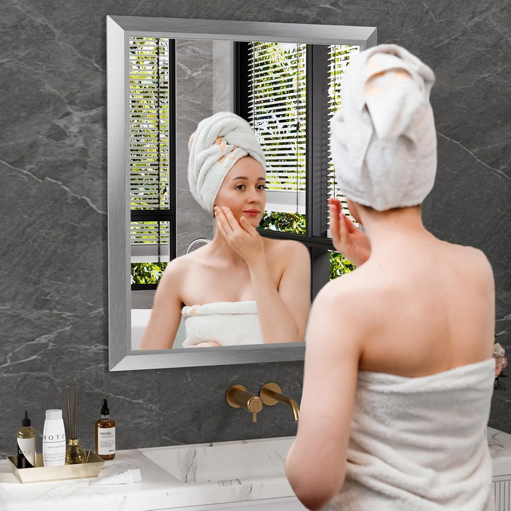 28x36" Silver Bathroom Mirror - Thick Metal Frame, Versatile for Any Room