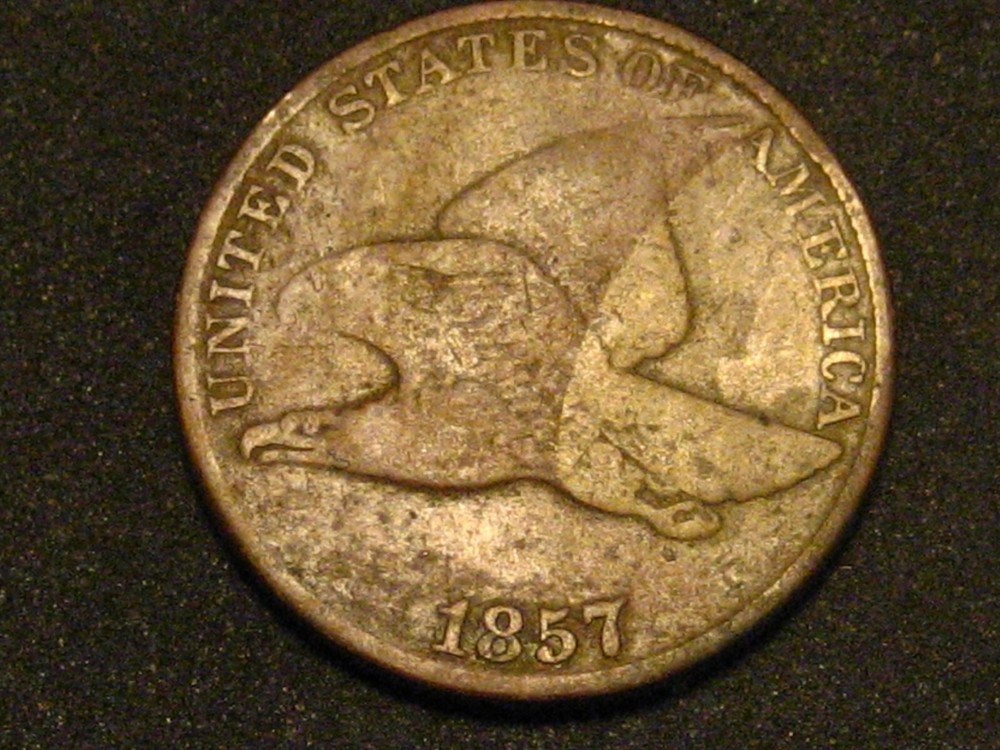 1857 Flying Eagle Cent VG Partially Discolored