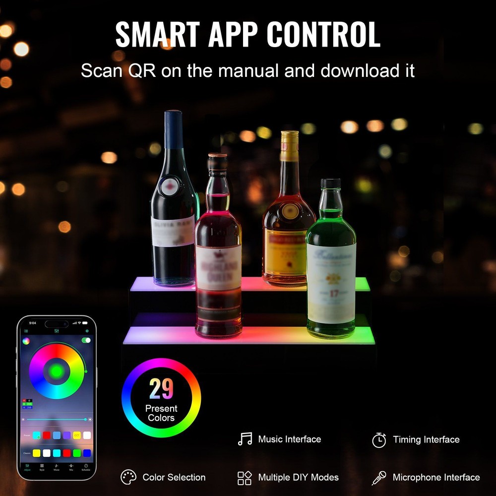 LED Lighted Liquor Bottle Display Bar Shelf RF & App Control 16" 2-Step