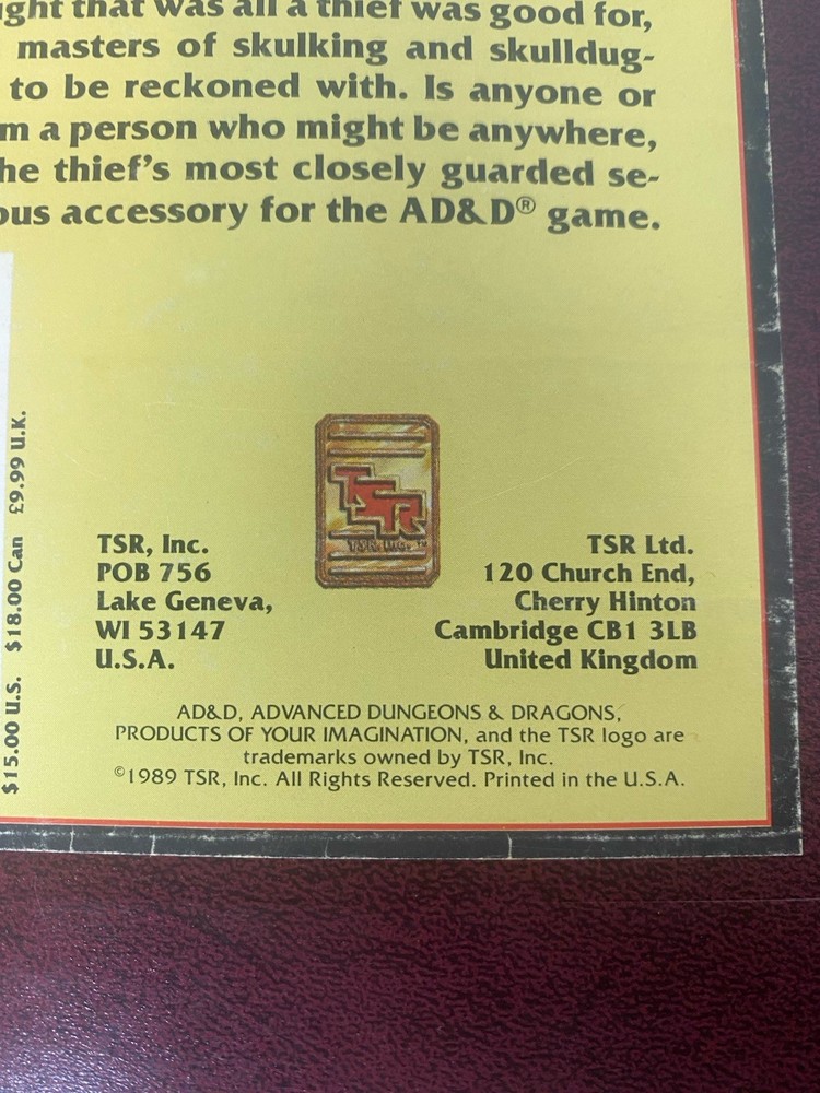 Advanced Dungeons & Dragons Complete Thief's Handbook PHBR2 1993