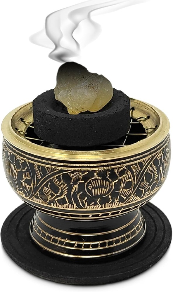 Compact Brass Charcoal Incense Burner with Intricate Patterns & Coaster Included