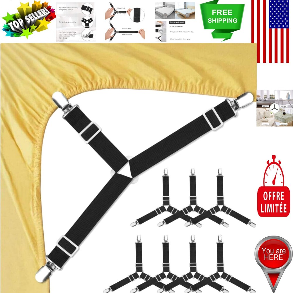 Triangle Design Adjustable Fitted Sheet Straps - 8 Piece Black Straps Set