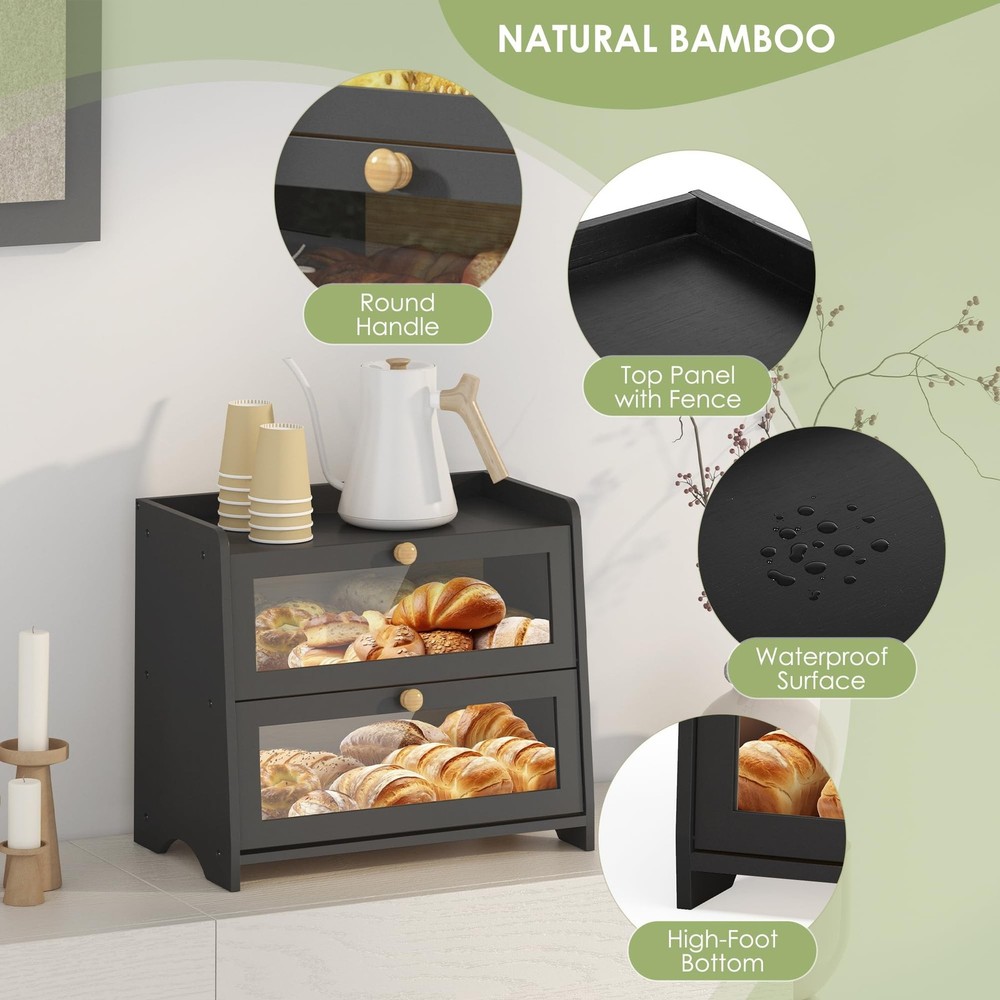 Double Layer Bread Box for Kitchen Countertop, Large Breadbox Bread Container...