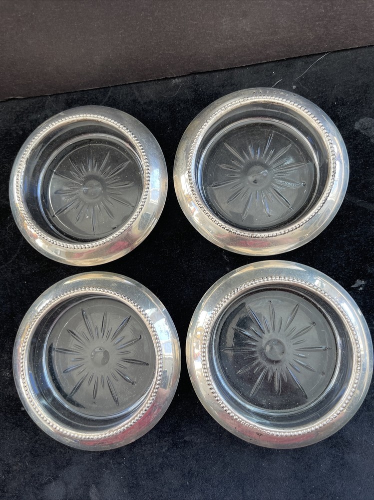 4 Matched Antique Sterling/Crystal Coasters