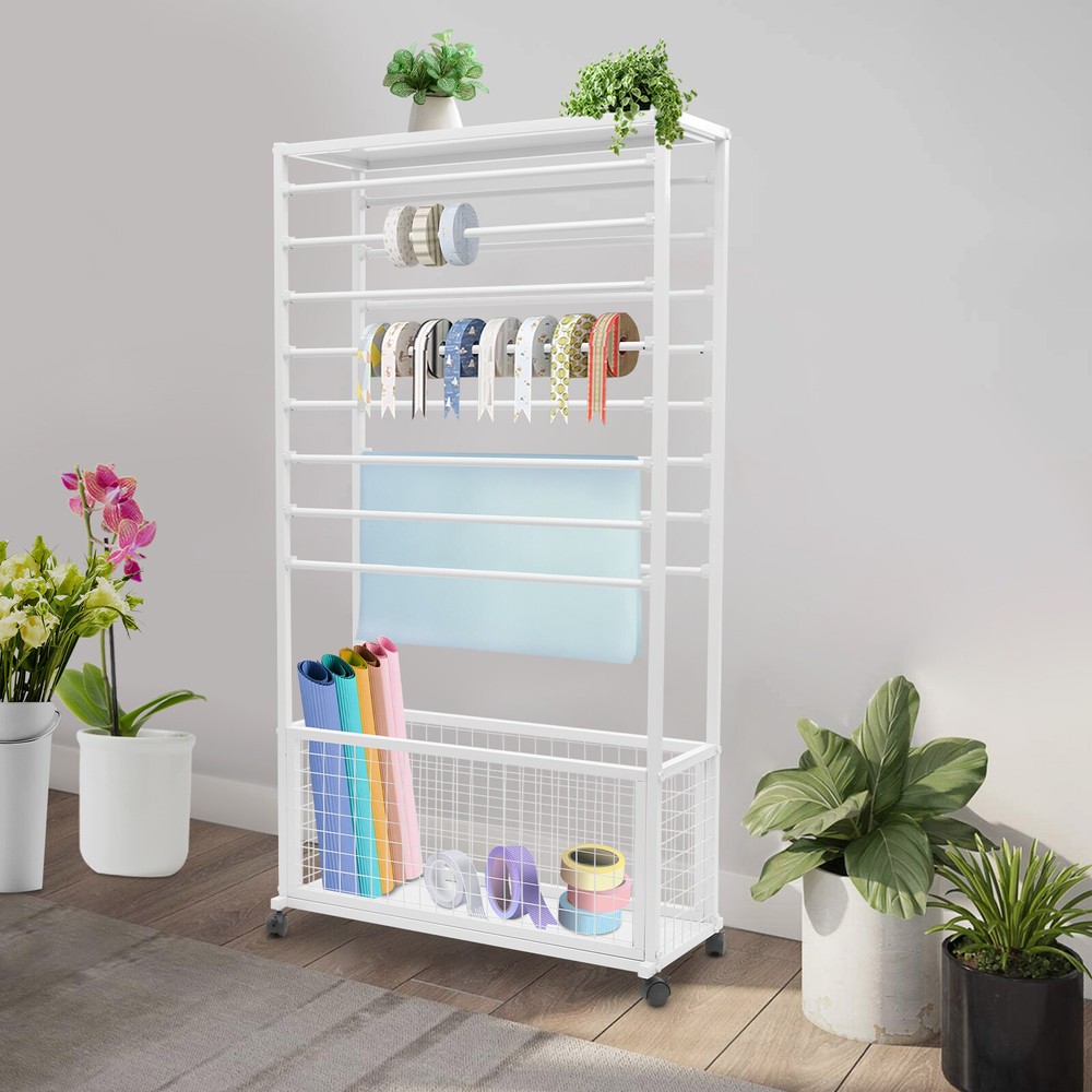 Floor Mount Mobile Ribbon Holder Organizer with Wheels and Ample Storage Space