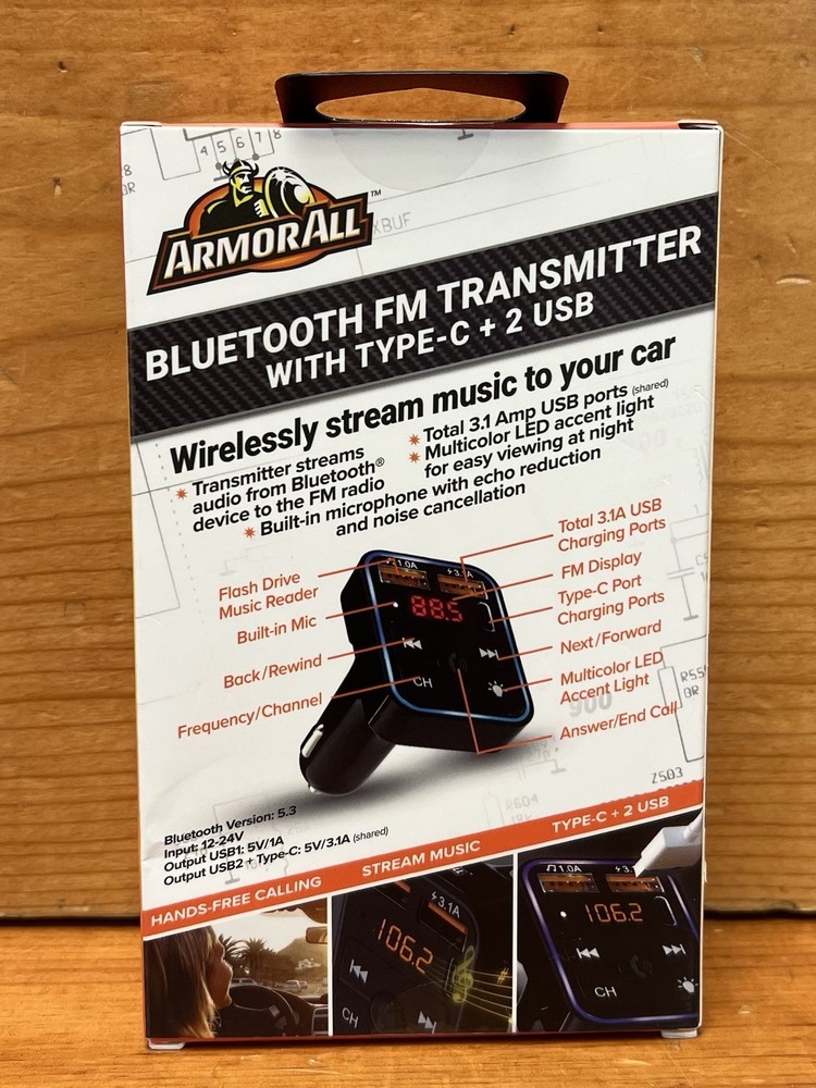 ArmorAll AHF9-1013-BLK Bluetooth FM Transmitter With Type-C + 2 USB