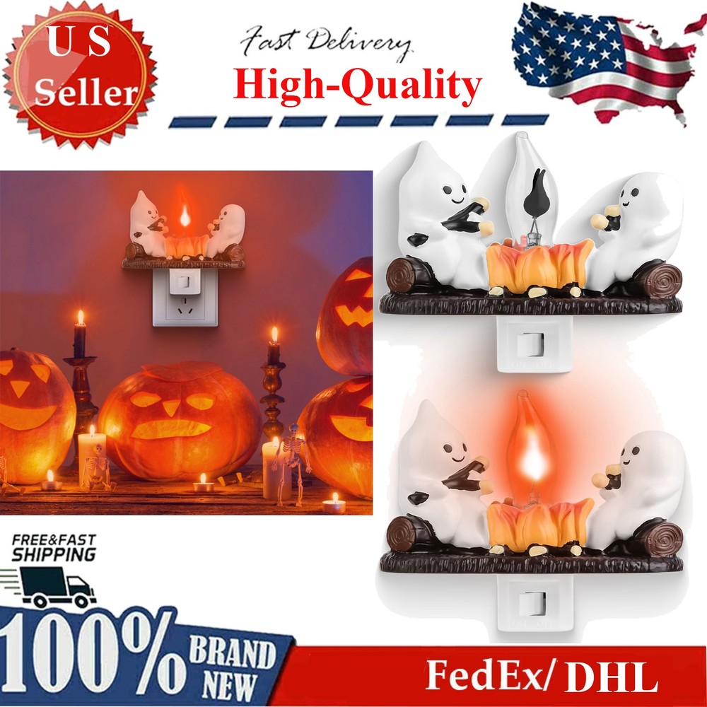 2Pcs Ghost Campfire Flickering Flame Night Light Set for Halloween Bedroom