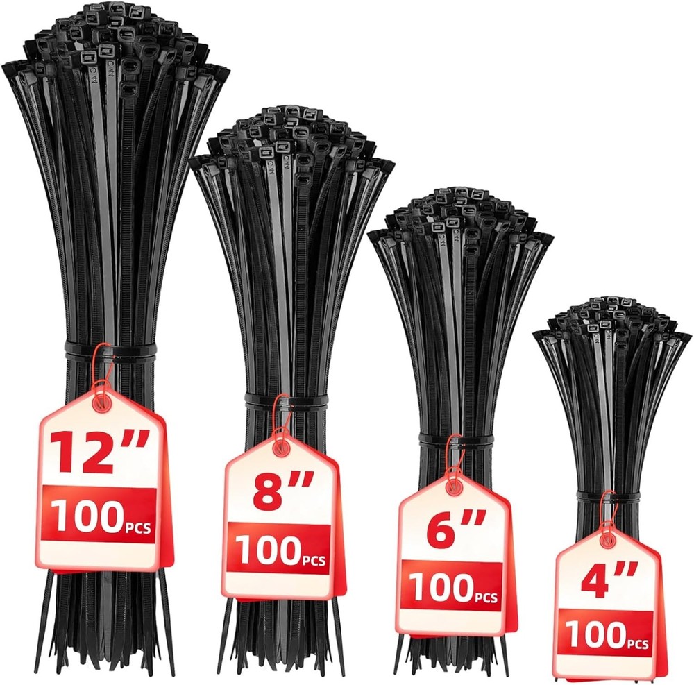 Multi-Purpose 400 Pack Nylon Cable Ties - 12, 8, 6, 4 Inch Self-Locking Design