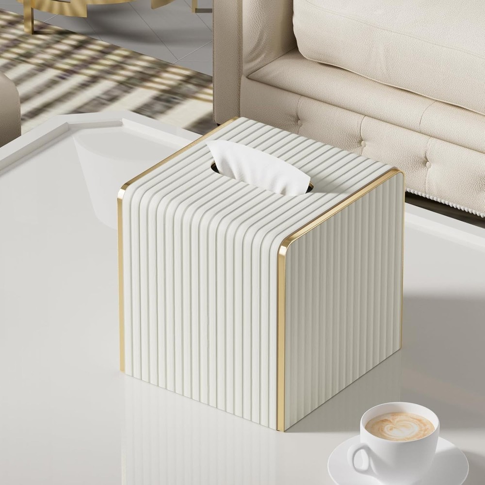 Leather Tissue Box Cover Square Modern Decor with Gold Edging