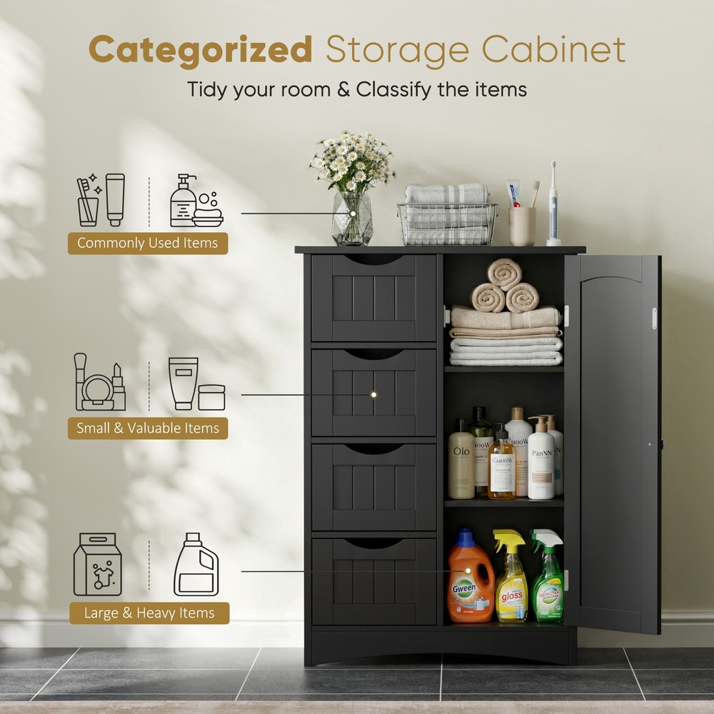 Black Bathroom Storage Cabinet with Adjustable Shelf Floor Storage Cupboard