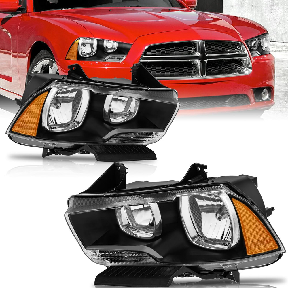 Halogen Headlights Assembly Compatible for 2011-2014 Dodge Charger Black Housing