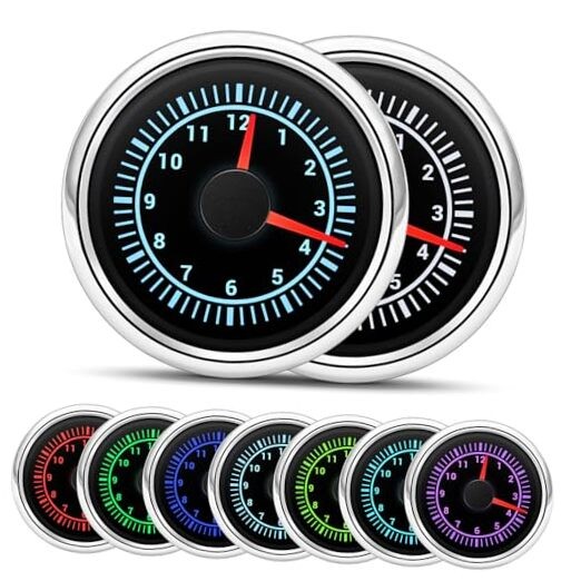 2" 52mm Clock Gauge 7 Color Waterproof 0-12 Hours Clock Meter Black & Silver