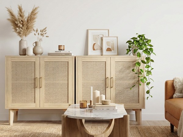 ↑Buffet Cabinet With Rattan Decor Doors Solid Wood Feet Multifunctional