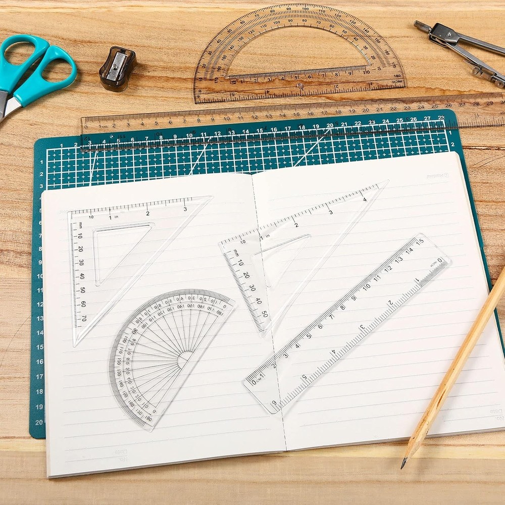 Tenare 18 Pcs Plastic Clear Math Set Includes Protractor Triangle Rulers 12...