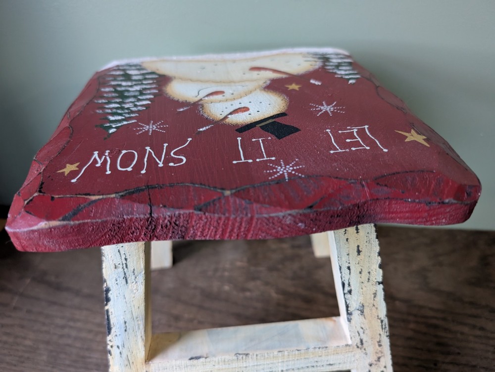 Snowman Christmas 'Let It Snow' Stool Hand Painted Primative Rustic Distressed