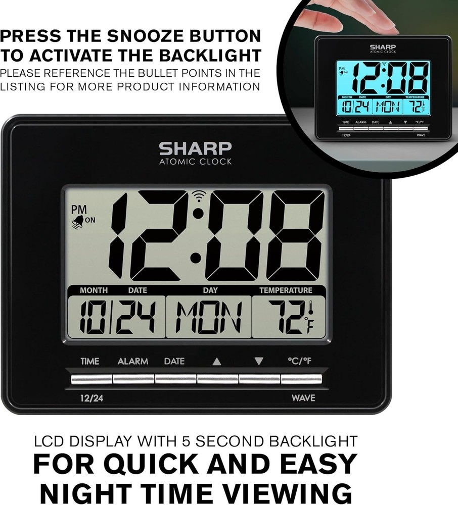 Sharp Atomic Desktop Clock - Auto Set Digital Alarm Clock Atomic Accuracy, Black