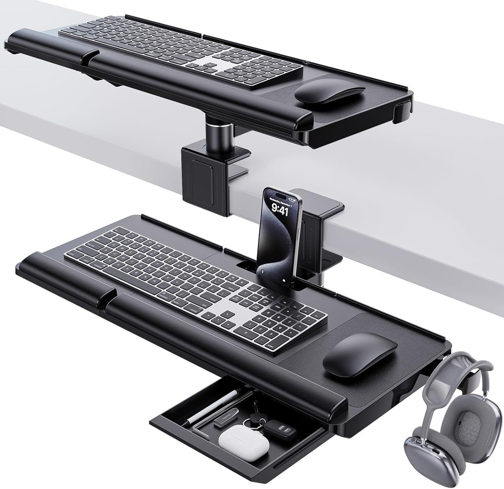 Klearlook Upgraded Adjustable Keyboard Tray Above & Under Desk 360° Rotation
