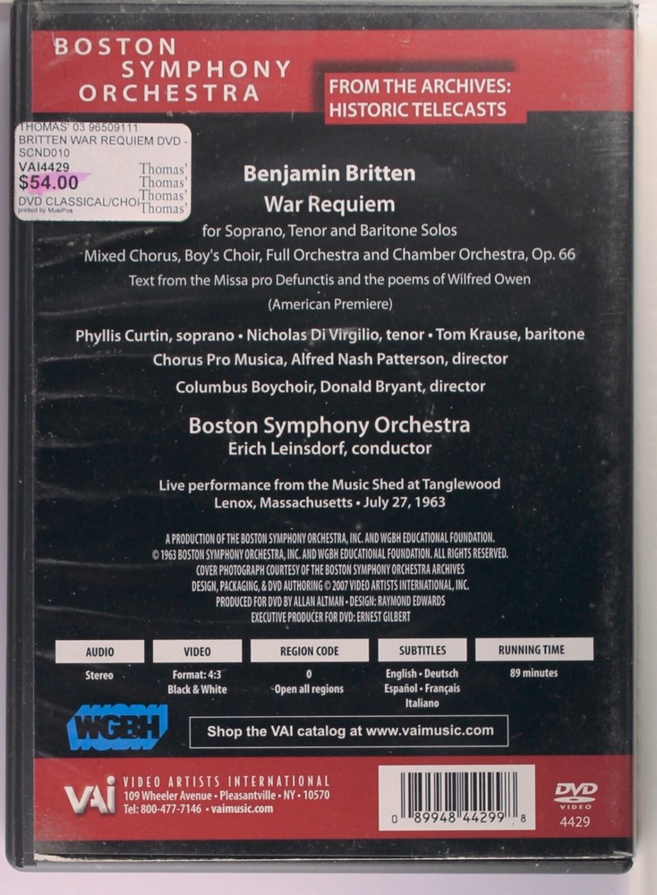 Britten: War Requiem - Erich Leinsdorf (DVD, 2007)